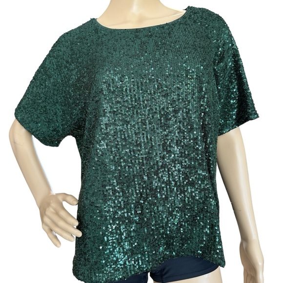 H&M Sequin Green Short Sleeve Top Medium - Picture 1 of 4